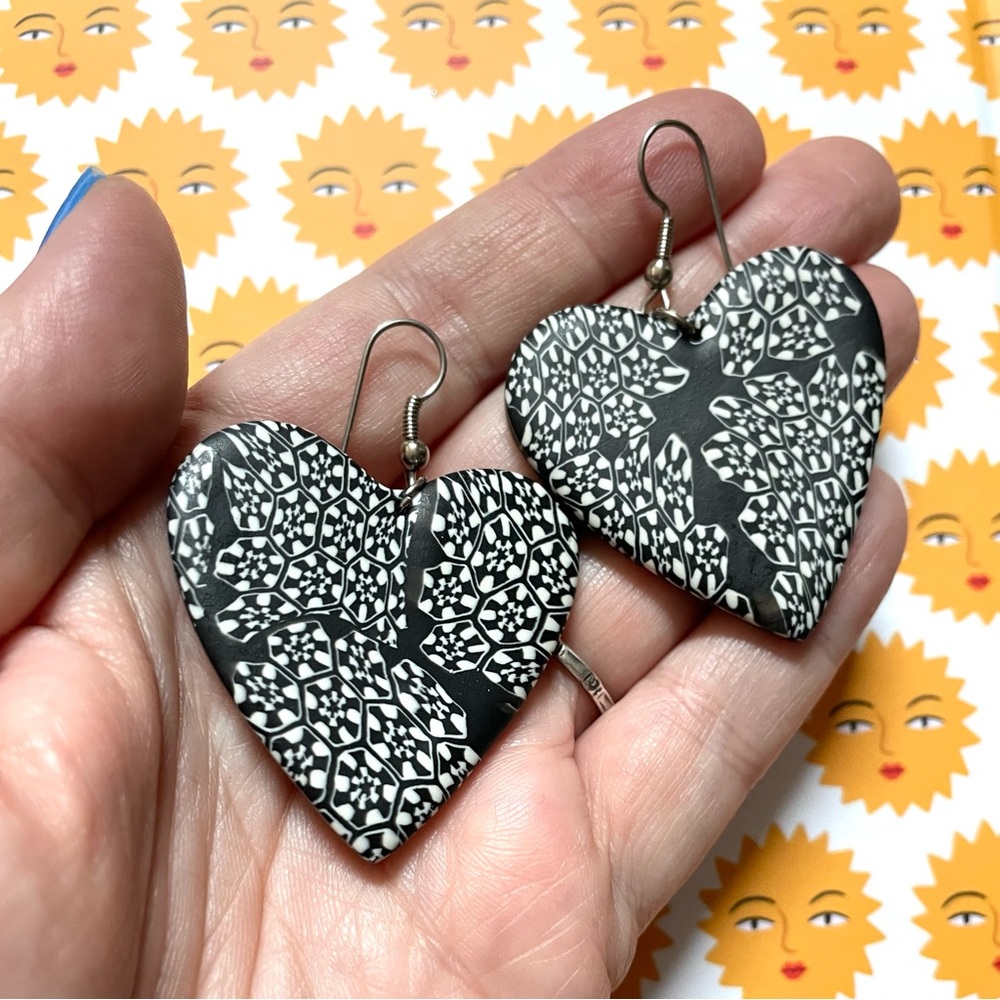 Black & white (polymer?) clay heart dangle earrings